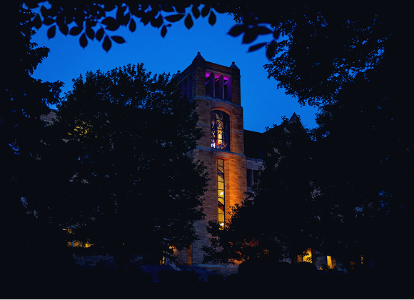 St. Thomas University Tower at night